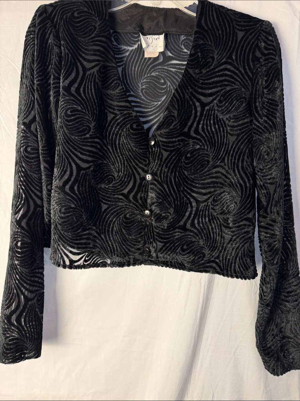 Velvet Burnout V-Neck Button Front Blouse - Black